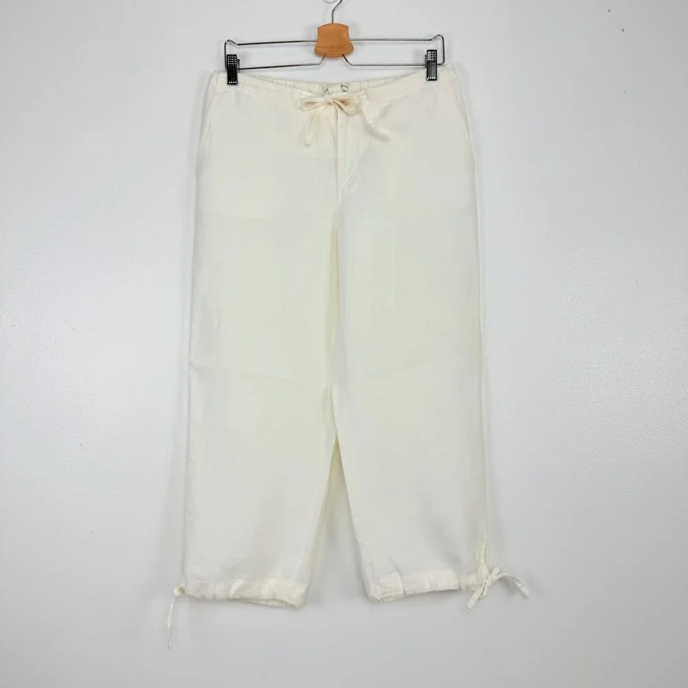 Banana Republic Linen Pants Size 8 Ivory Drawstring Cropped‎ Tie Ankle Beach
